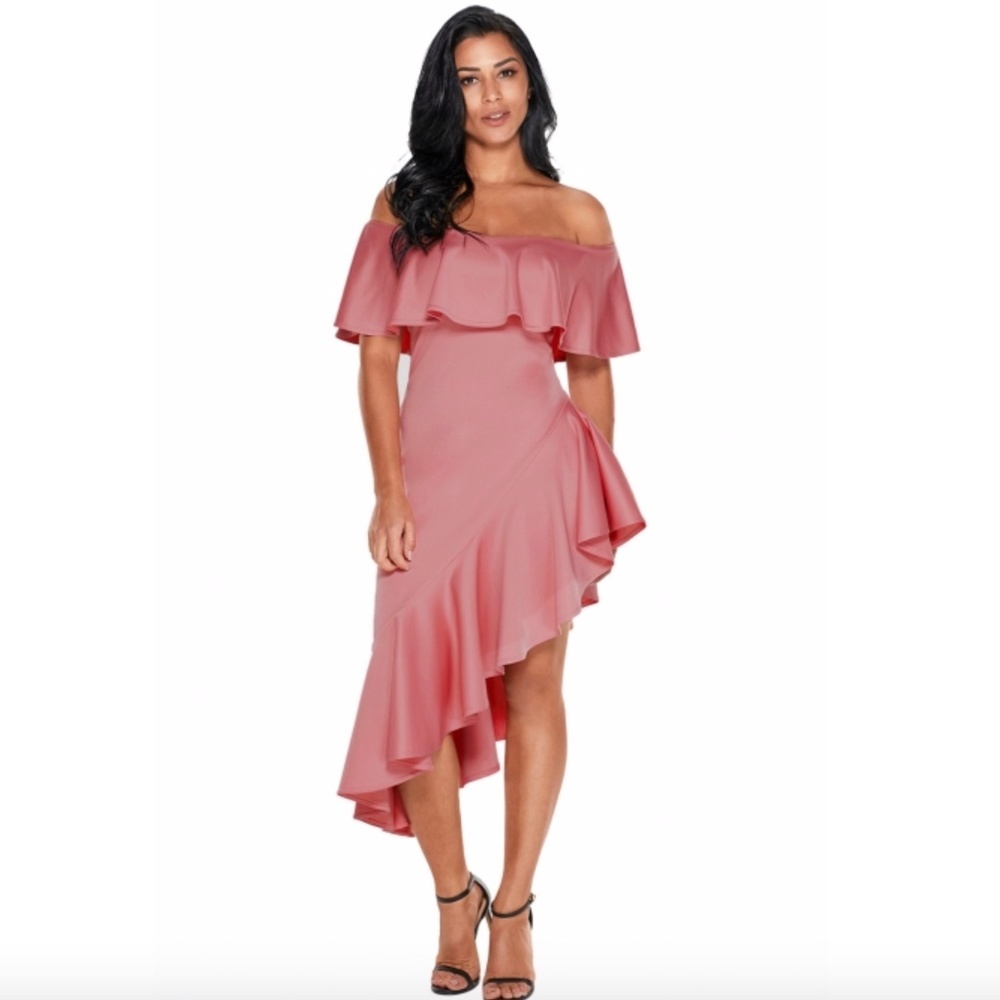 NEW Off The Shoulder Asymmetrical Ruffle Pink Dress